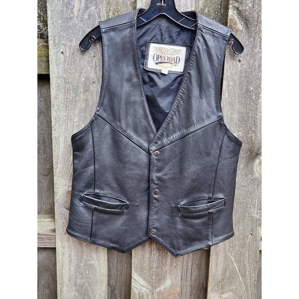 Womens Motorcyle Vest Black Leather Medium Open Road Biker